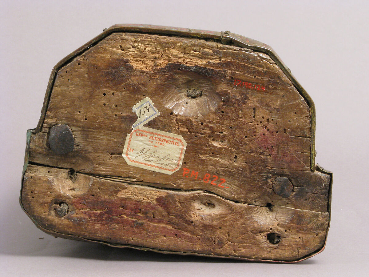 Virgin and Child, Copper: repoussé, engraved, gilt, cut out and nailed; champlevé enamel: lapis and light blue, red; gems; wood core (walnut), French