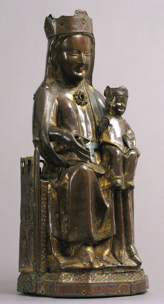 Virgin and Child, Copper: repoussé, engraved, gilt, cut out and nailed; champlevé enamel: lapis and light blue, red; gems; wood core (walnut), French