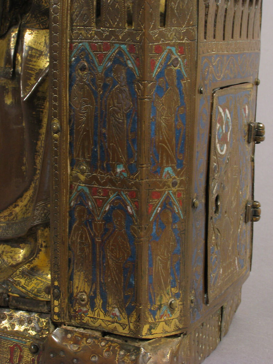 Virgin and Child, Copper: repoussé, engraved, gilt, cut out and nailed; champlevé enamel: lapis and light blue, red; gems; wood core (walnut), French