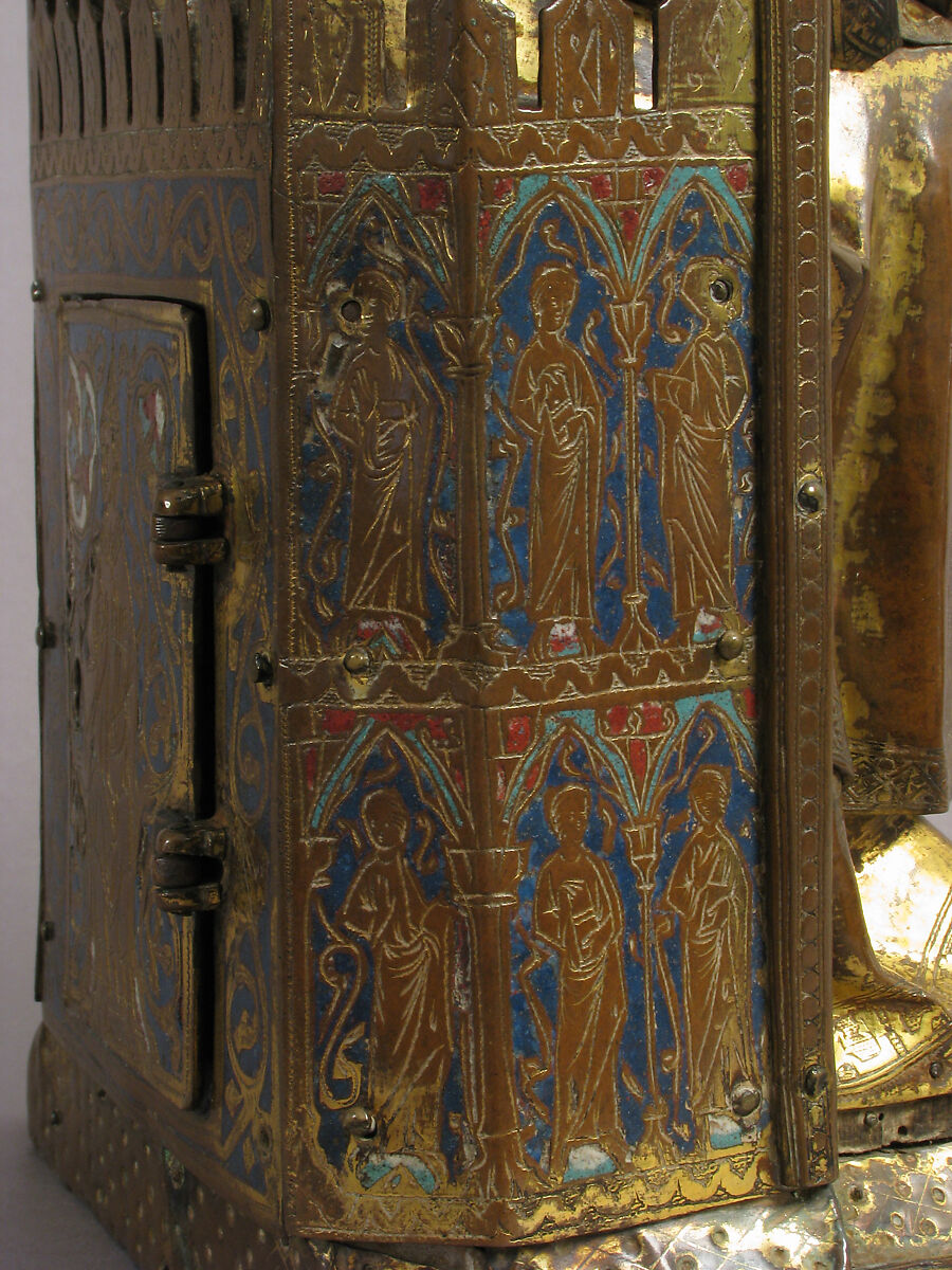 Virgin and Child, Copper: repoussé, engraved, gilt, cut out and nailed; champlevé enamel: lapis and light blue, red; gems; wood core (walnut), French