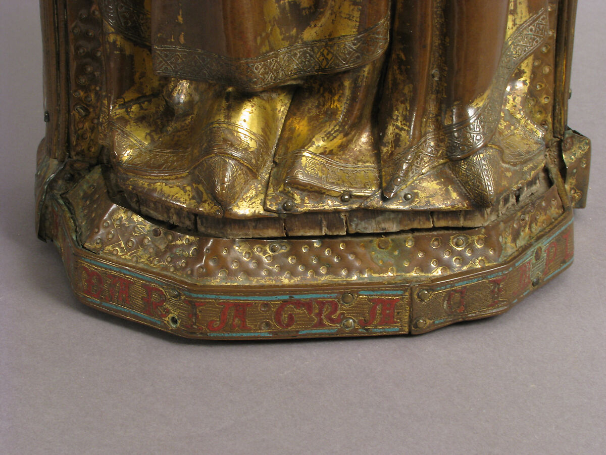 Virgin and Child, Copper: repoussé, engraved, gilt, cut out and nailed; champlevé enamel: lapis and light blue, red; gems; wood core (walnut), French