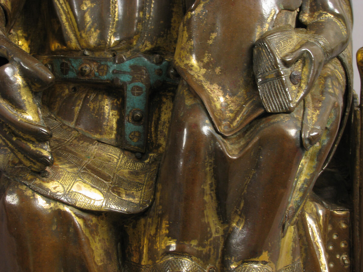 Virgin and Child, Copper: repoussé, engraved, gilt, cut out and nailed; champlevé enamel: lapis and light blue, red; gems; wood core (walnut), French