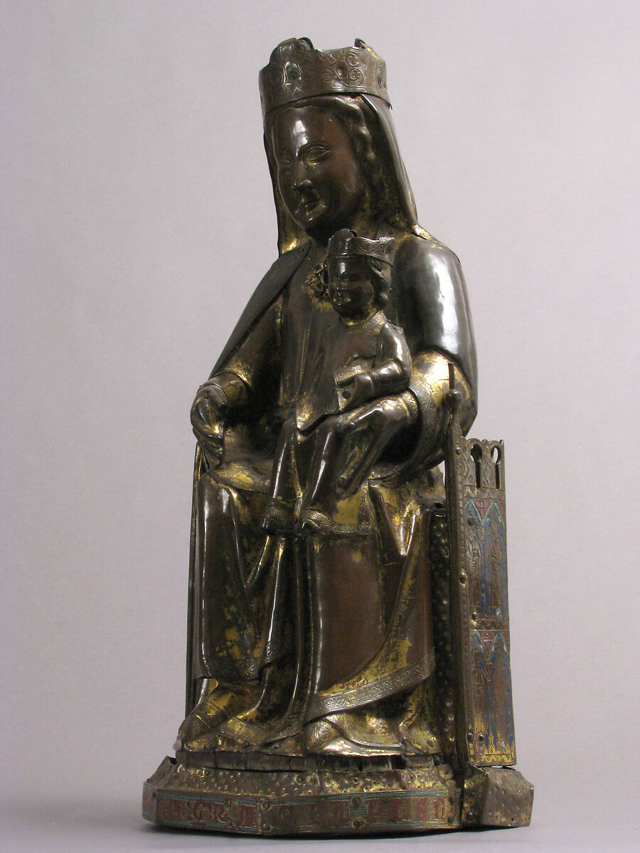 Virgin and Child, Copper: repoussé, engraved, gilt, cut out and nailed; champlevé enamel: lapis and light blue, red; gems; wood core (walnut), French