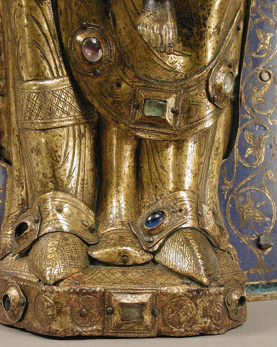 Virgin and Child, Copper: formed, repoussé, engraved, chased, scraped, and gilt; hands cast; champlevé enamel: dark, medium, and light blue; turquoise, green, yellow, red, and white; glass cabochons; wood core, French