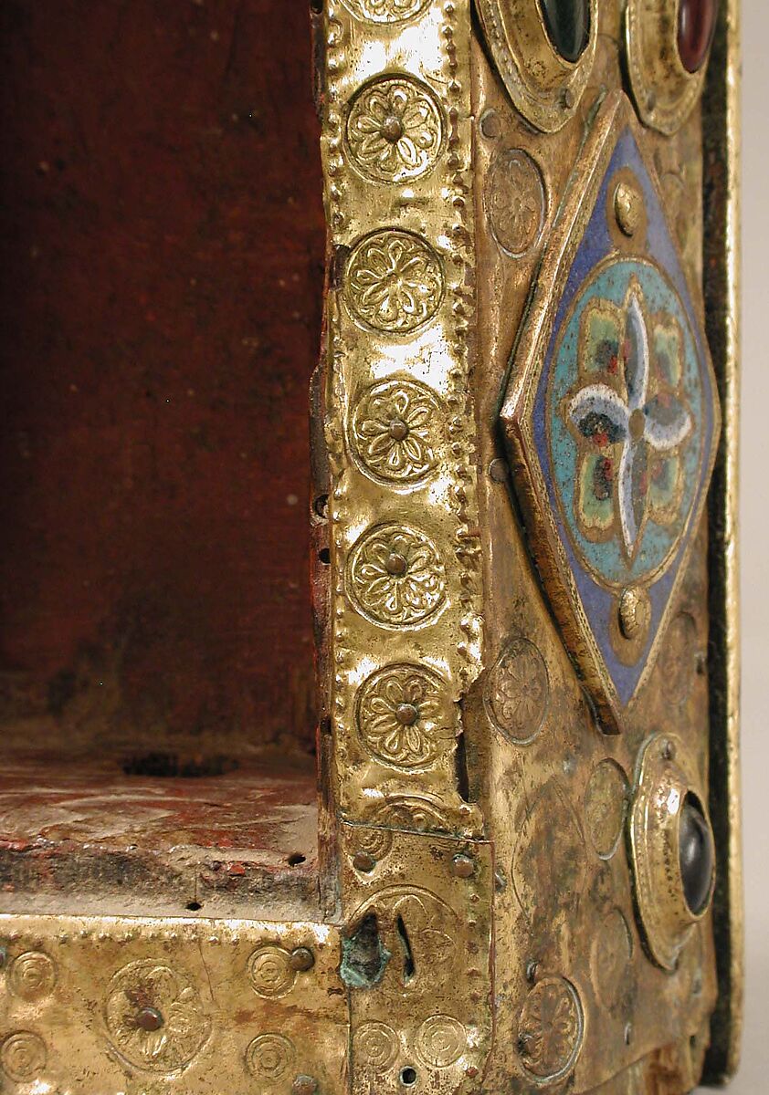 Virgin and Child, Copper: formed, repoussé, engraved, chased, scraped, and gilt; hands cast; champlevé enamel: dark, medium, and light blue; turquoise, green, yellow, red, and white; glass cabochons; wood core, French