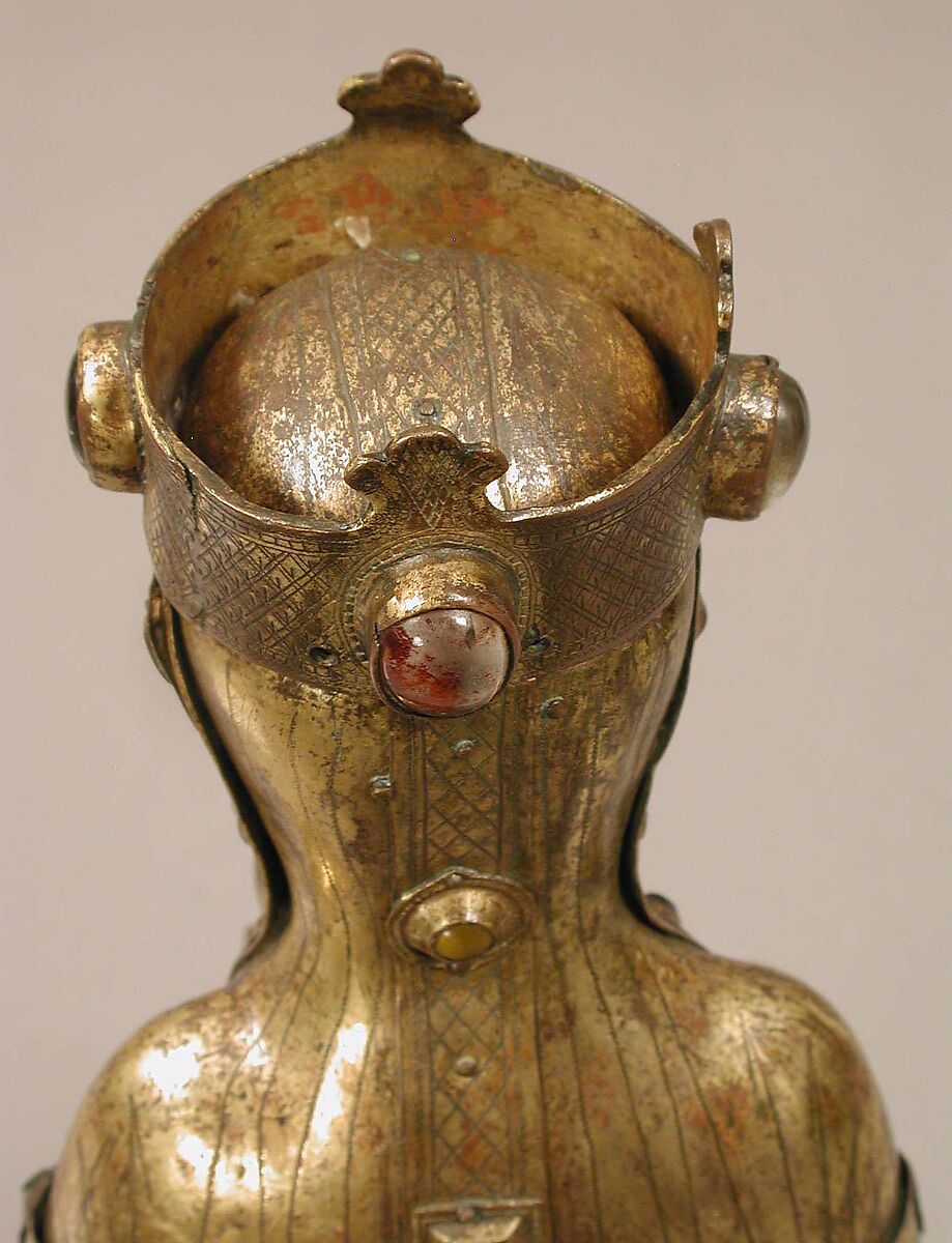 Virgin and Child, Copper: formed, repoussé, engraved, chased, scraped, and gilt; hands cast; champlevé enamel: dark, medium, and light blue; turquoise, green, yellow, red, and white; glass cabochons; wood core, French