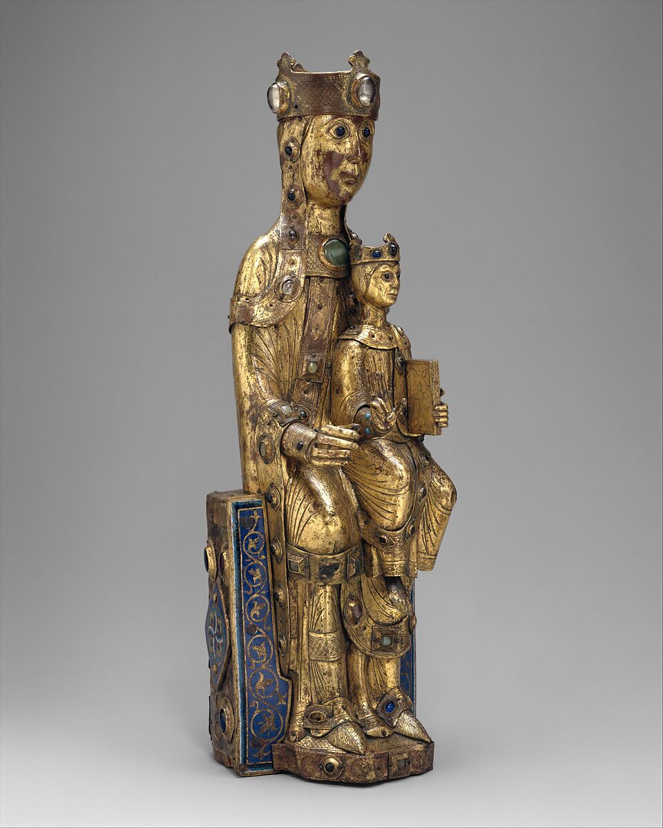 Virgin and Child, Copper: formed, repoussé, engraved, chased, scraped, and gilt; hands cast; champlevé enamel: dark, medium, and light blue; turquoise, green, yellow, red, and white; glass cabochons; wood core, French