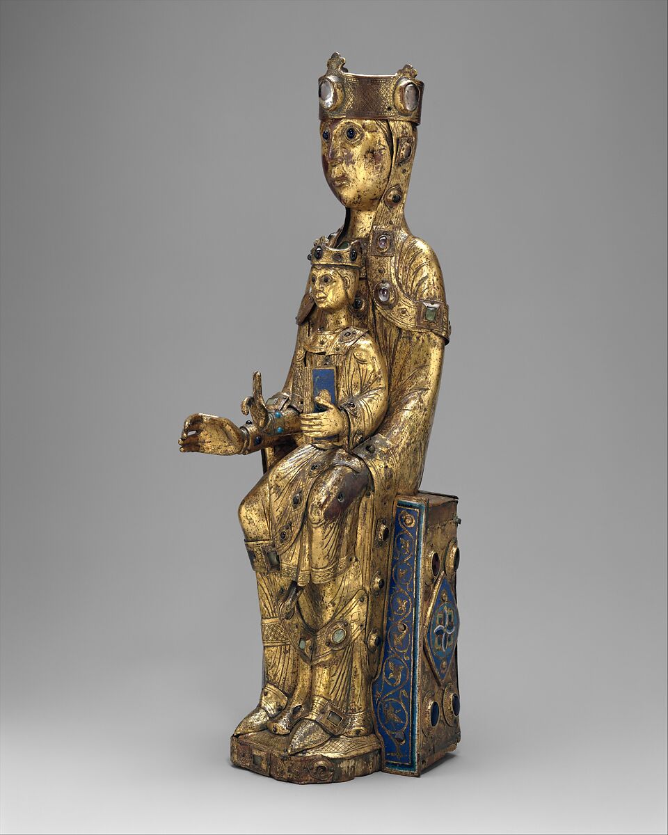 Virgin and Child, Copper: formed, repoussé, engraved, chased, scraped, and gilt; hands cast; champlevé enamel: dark, medium, and light blue; turquoise, green, yellow, red, and white; glass cabochons; wood core, French