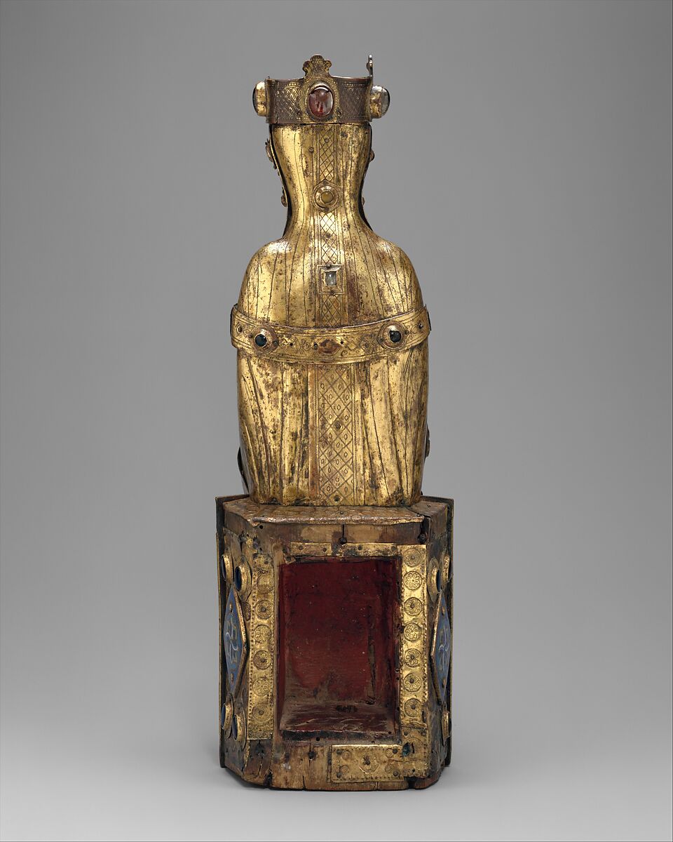 Virgin and Child, Copper: formed, repoussé, engraved, chased, scraped, and gilt; hands cast; champlevé enamel: dark, medium, and light blue; turquoise, green, yellow, red, and white; glass cabochons; wood core, French