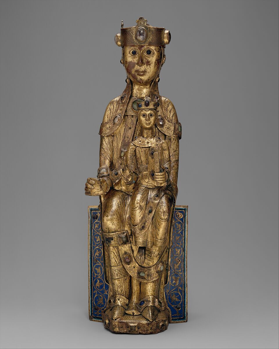Virgin and Child, Copper: formed, repoussé, engraved, chased, scraped, and gilt; hands cast; champlevé enamel: dark, medium, and light blue; turquoise, green, yellow, red, and white; glass cabochons; wood core, French