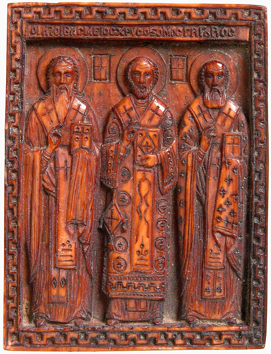 Icon with Three Church Fathers, Elephant ivory with dark stain, Greek 