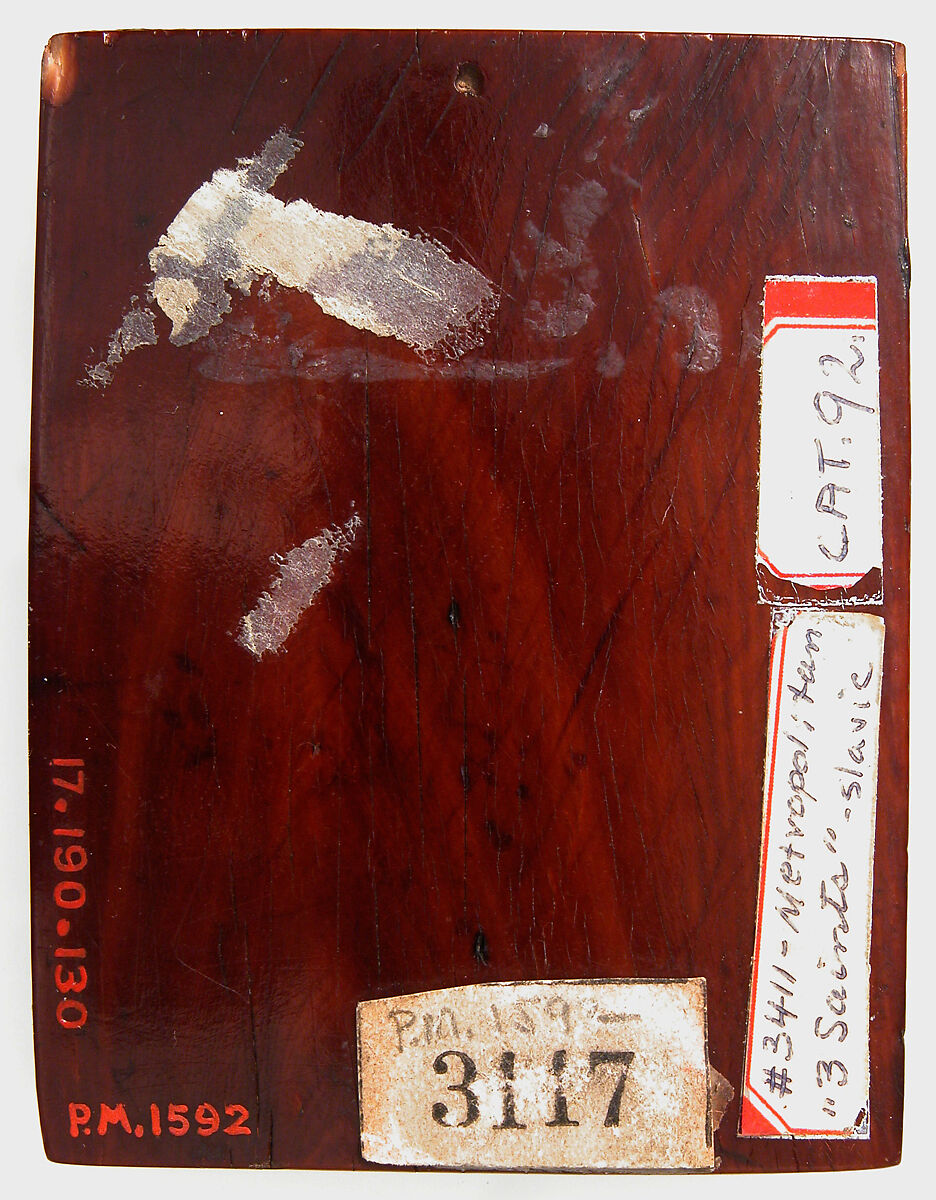 Icon with Three Church Fathers, Elephant ivory with dark stain, Greek