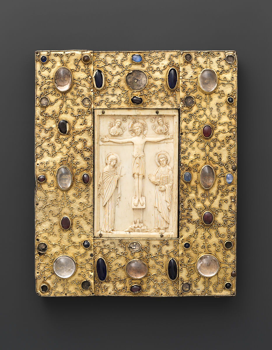Panel with Byzantine Ivory Carving of the Crucifixion, Silver-gilt with pseudo-filigree, glass, crystal, and sapphire cabochons, ivory on wood support, Byzantine (ivory); Spanish (setting) 