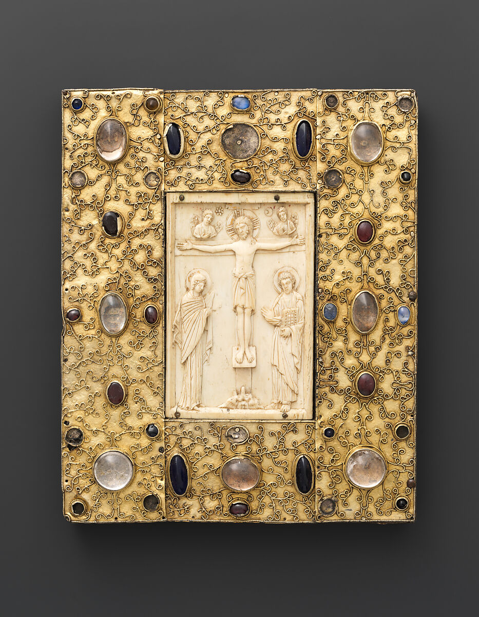 Panel with Byzantine Ivory Carving of the Crucifixion, Silver-gilt with pseudo-filigree, glass, crystal, and sapphire cabochons, ivory on wood support, Byzantine (ivory); Spanish (setting)