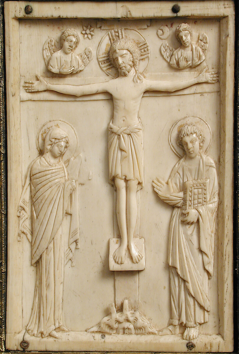 Panel with Byzantine Ivory Carving of the Crucifixion, Silver-gilt with pseudo-filigree, glass, crystal, and sapphire cabochons, ivory on wood support, Byzantine (ivory); Spanish (setting)