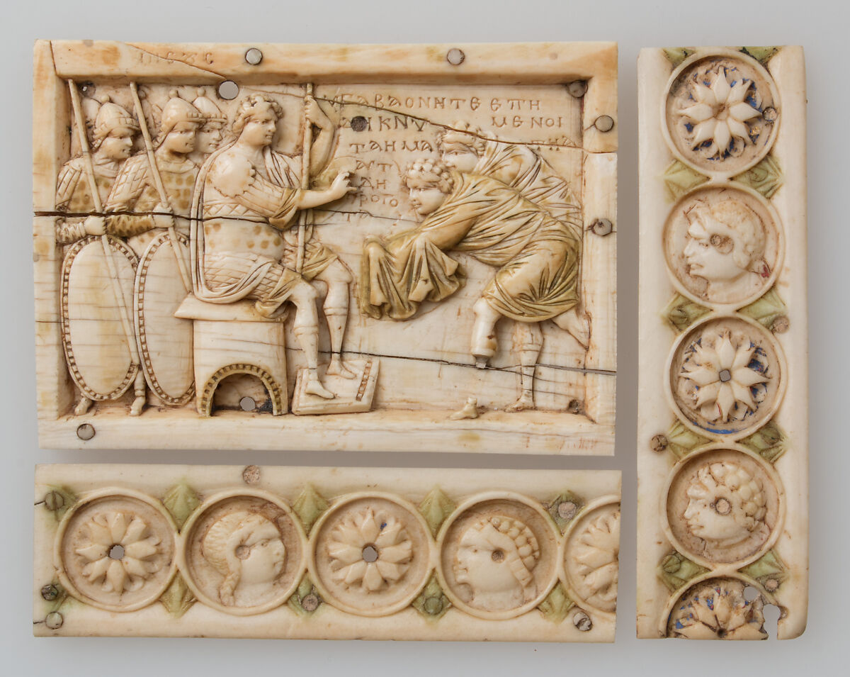 Plaque with Scenes from the Story of Joshua, Ivory, traces of polychromy, gilding; bone (border strips), Byzantine 