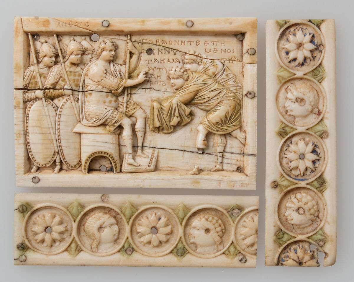 Plaque with Scenes from the Story of Joshua, Ivory, traces of polychromy, gilding; bone (border strips), Byzantine