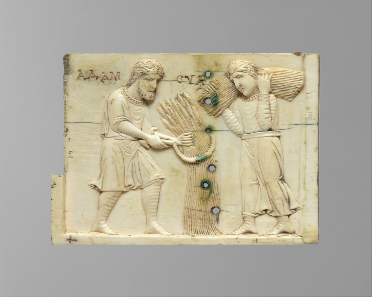 Panel from an Ivory Casket with the Story of Adam and Eve, Ivory, gilt, polychromy, Byzantine 