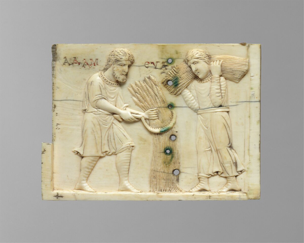 Panel from an Ivory Casket with the Story of Adam and Eve, Elephant ivory, gilding, and polychromy, Byzantine 