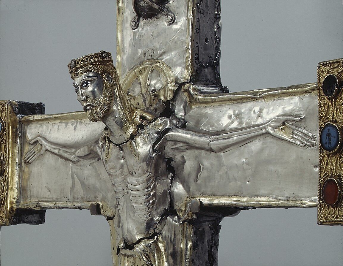 Processional Cross, Silver, partially gilt on wood core, carved gems, jewels, Spanish