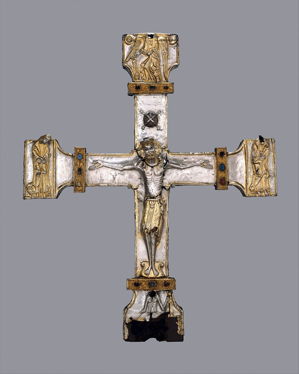 Processional Cross, Silver, partially gilt on wood core, carved gems, jewels, Spanish 