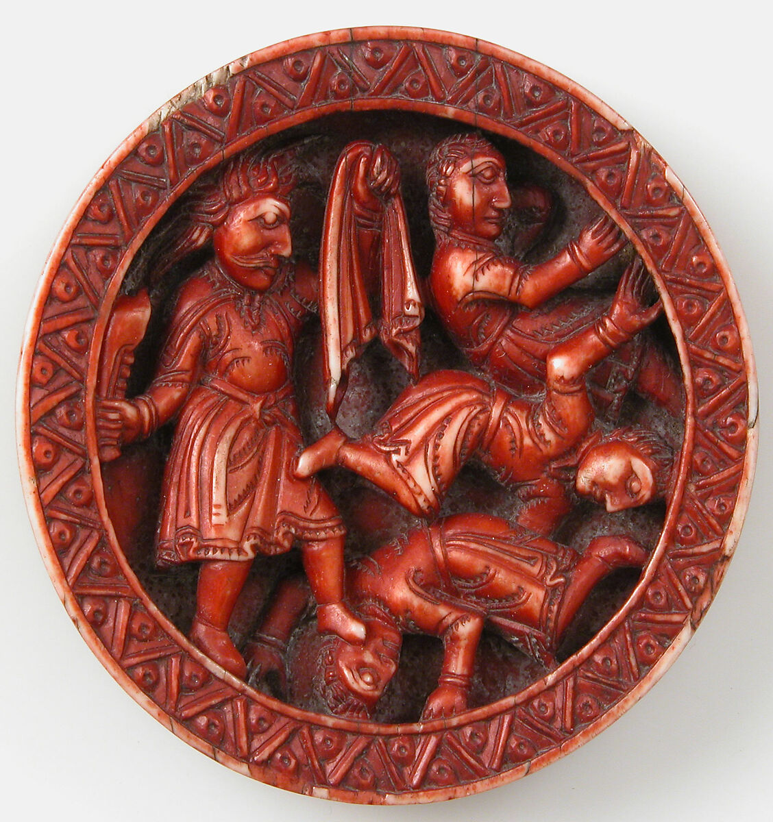 Game Piece with Samson Slaying the Philistines with the Jawbone of an Ass, Elephant ivory, red stain, German 