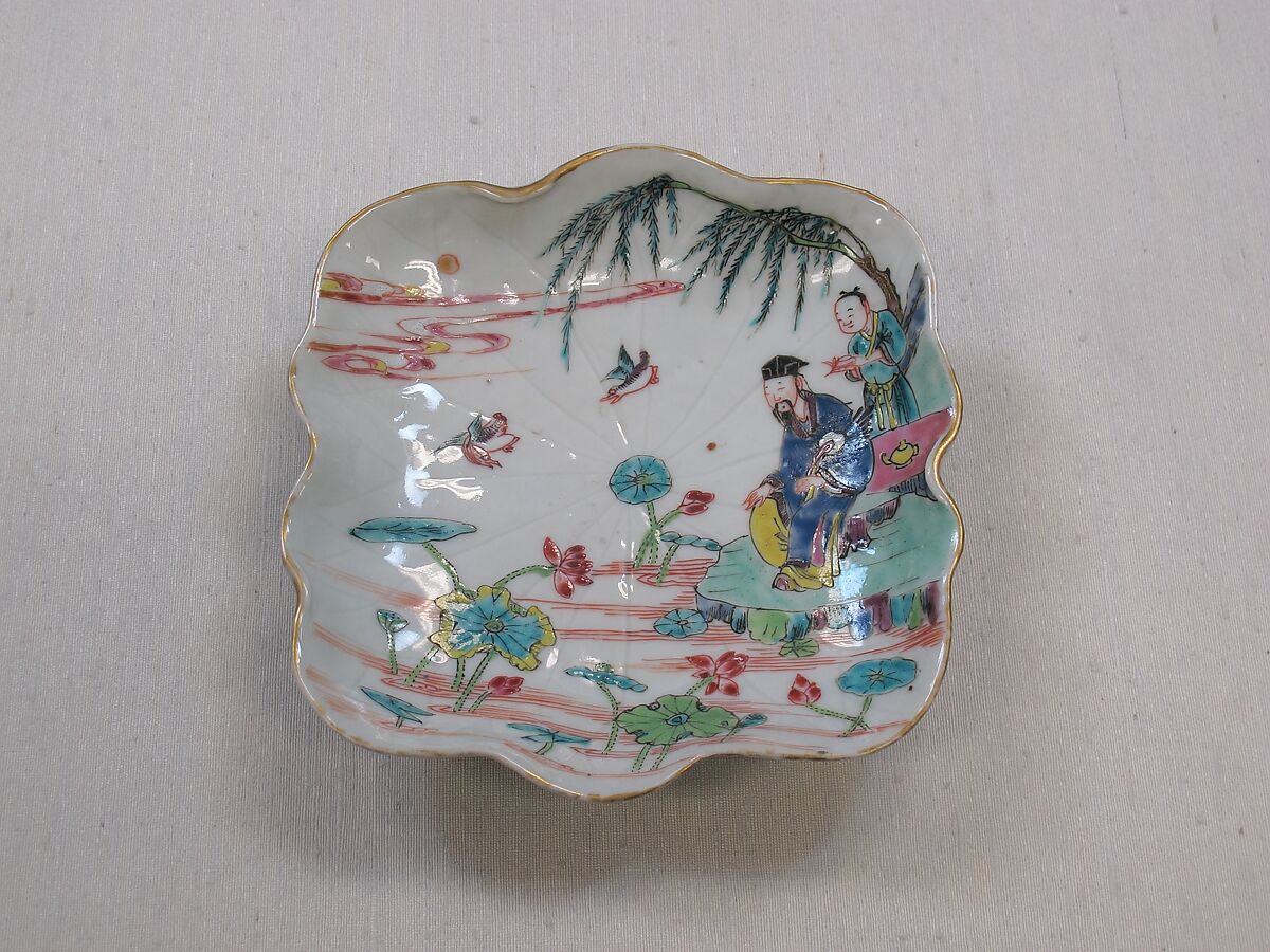 Dish with figures by a lotus pond, Porcelain painted in overglaze polychrome enamels (Jingdezhen ware), China 