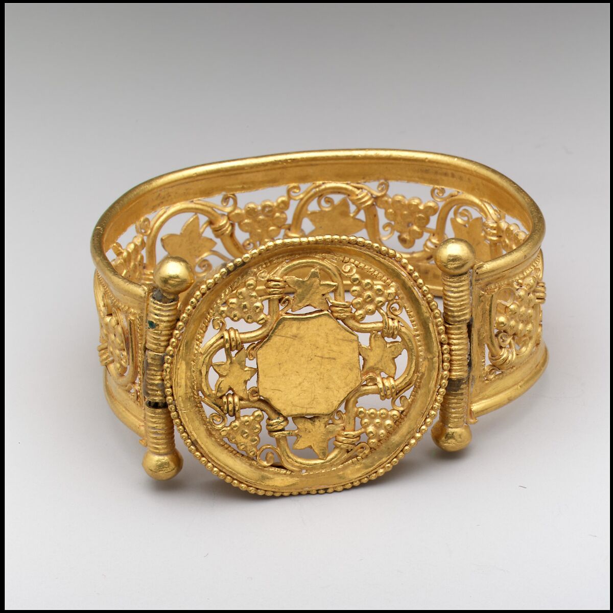 Bracelet with Grapevine Pattern, Gold - sheet, rod; engraved; wire - plain, beaded; granulation; strip - triangular sectioned., Byzantine
