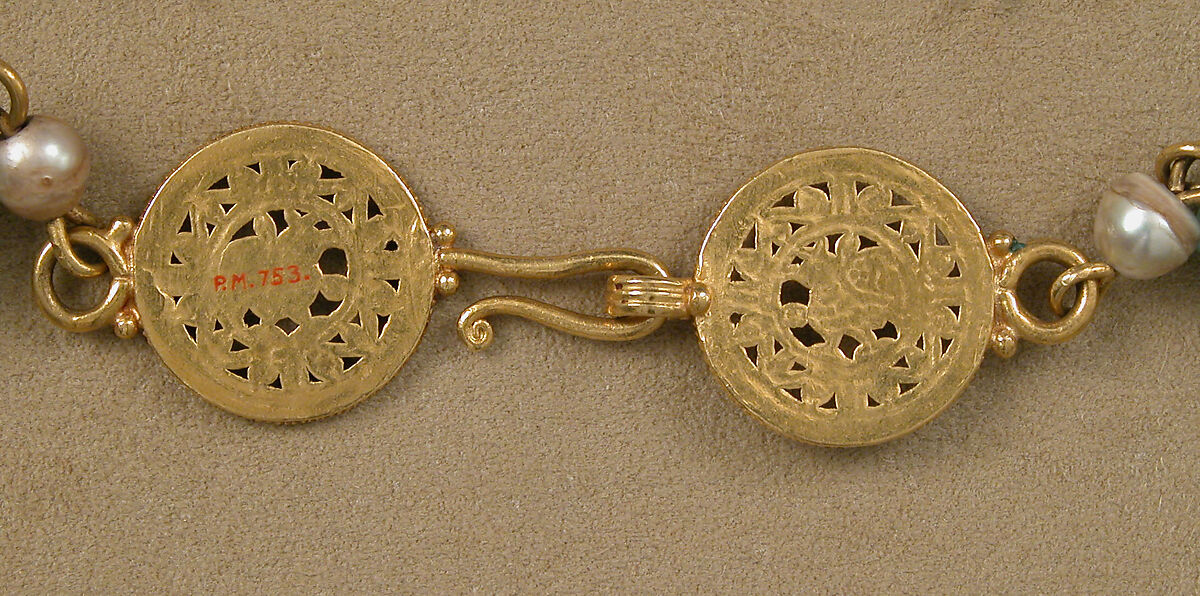 Gold Necklace with Pearls and Stones of Emerald Plasma, Gold, pearls, emerald plasma, Byzantine