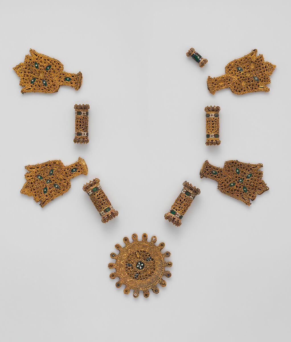 Elements from a Necklace, Gold, cloisonnè enamel, Spanish 