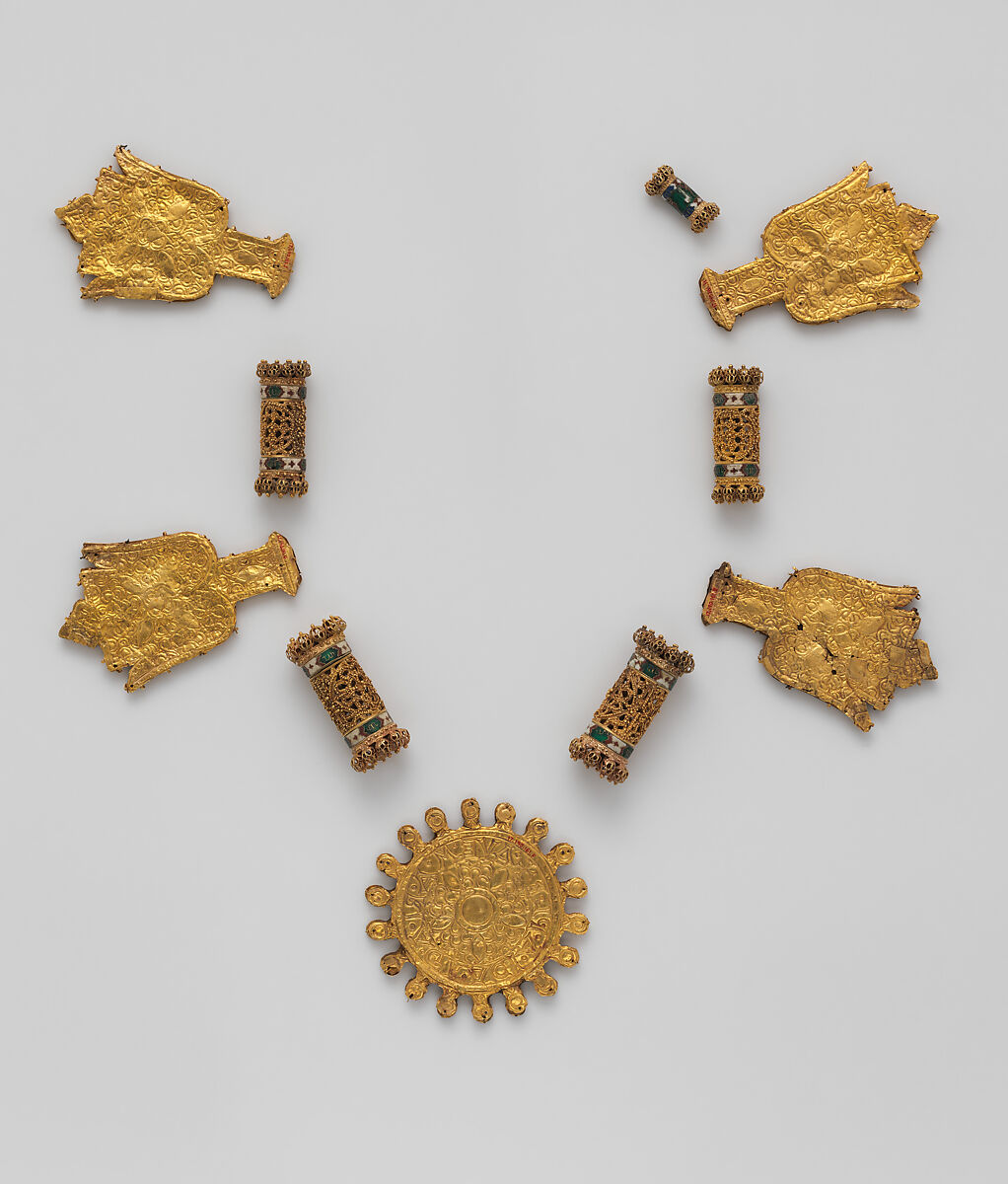 Elements from a Necklace, Gold, cloisonnè enamel, Spanish