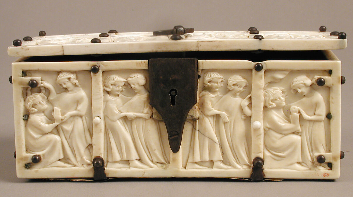 Box with Courting Couples, Elephant ivory with modern iron and cardboard mounts, French