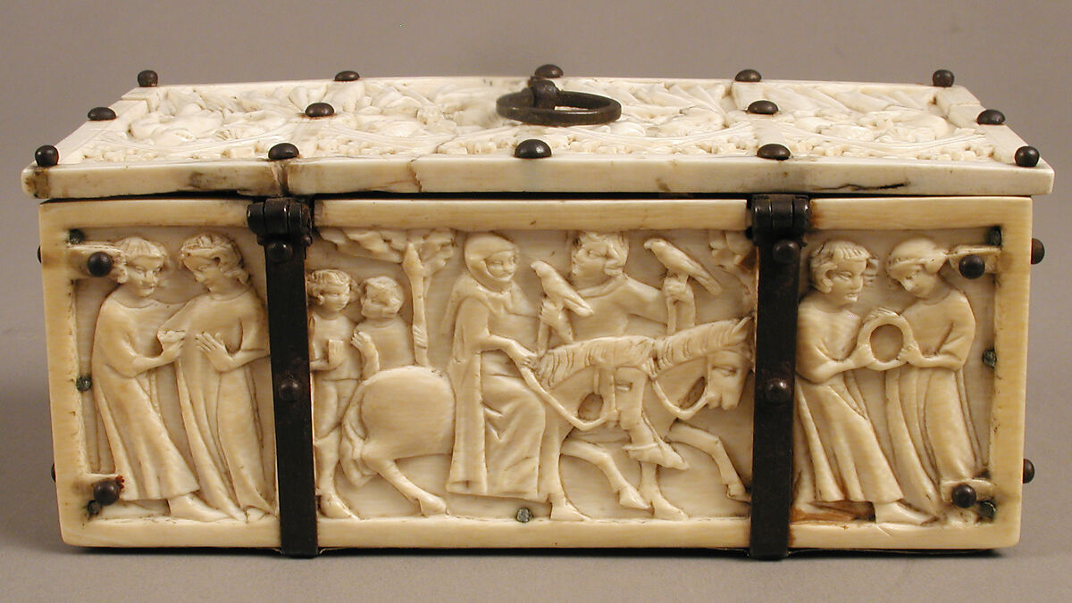 Box with Courting Couples, Elephant ivory with modern iron and cardboard mounts, French