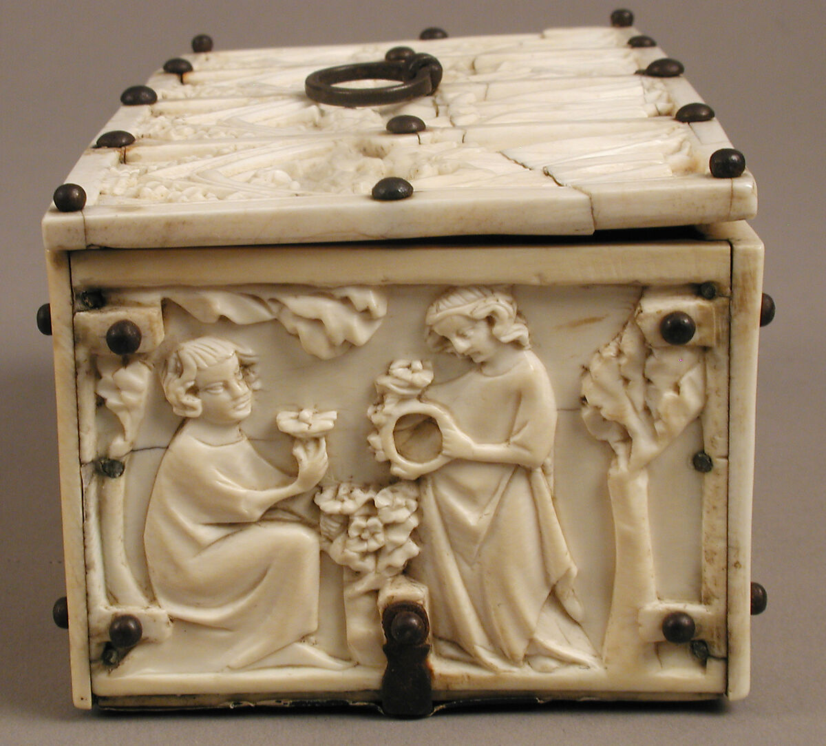 Box with Courting Couples, Elephant ivory with modern iron and cardboard mounts, French