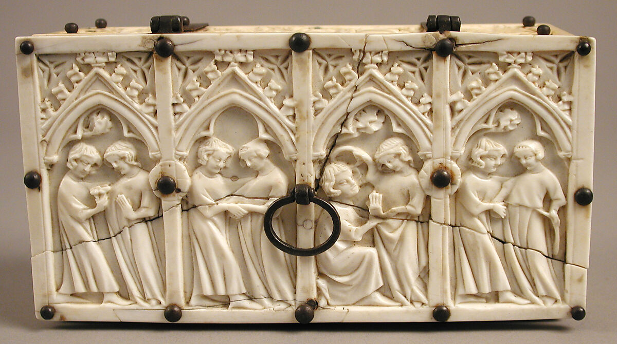 Box with Courting Couples, Elephant ivory with modern iron and cardboard mounts, French