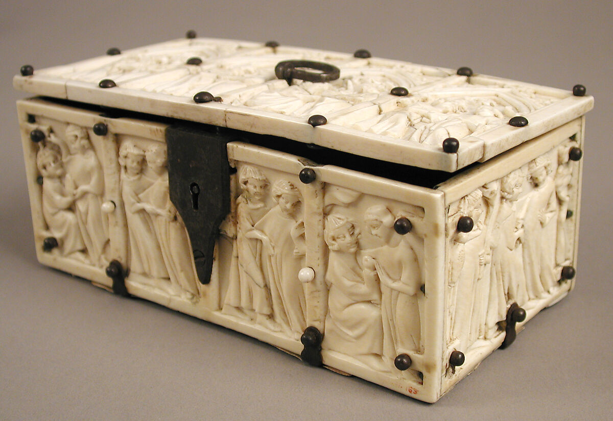 Box with Courting Couples, Elephant ivory with modern iron and cardboard mounts, French 