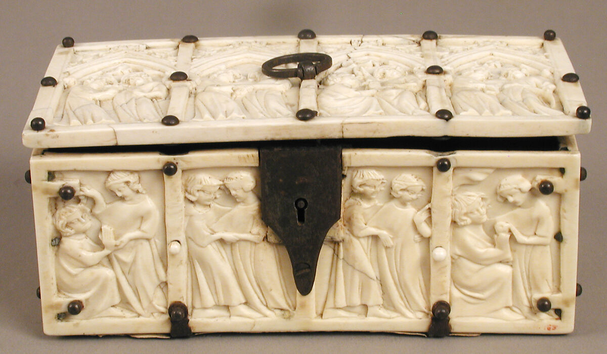 Box with Courting Couples, Elephant ivory with modern iron and cardboard mounts, French
