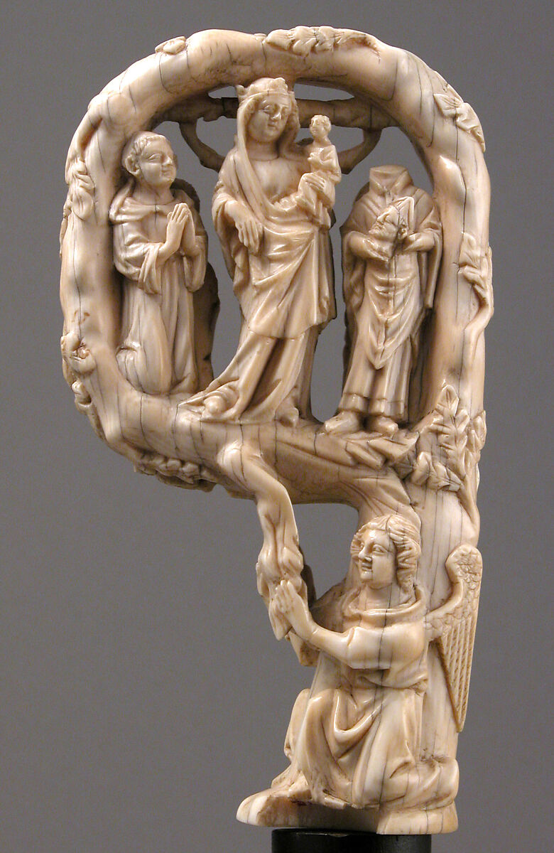 Crozier Head with Crucifixion, Virgin and Child, and Saint Denis, Elephant ivory, French 