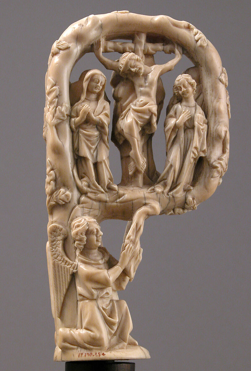 Crozier Head with Crucifixion, Virgin and Child, and Saint Denis, Elephant ivory, French