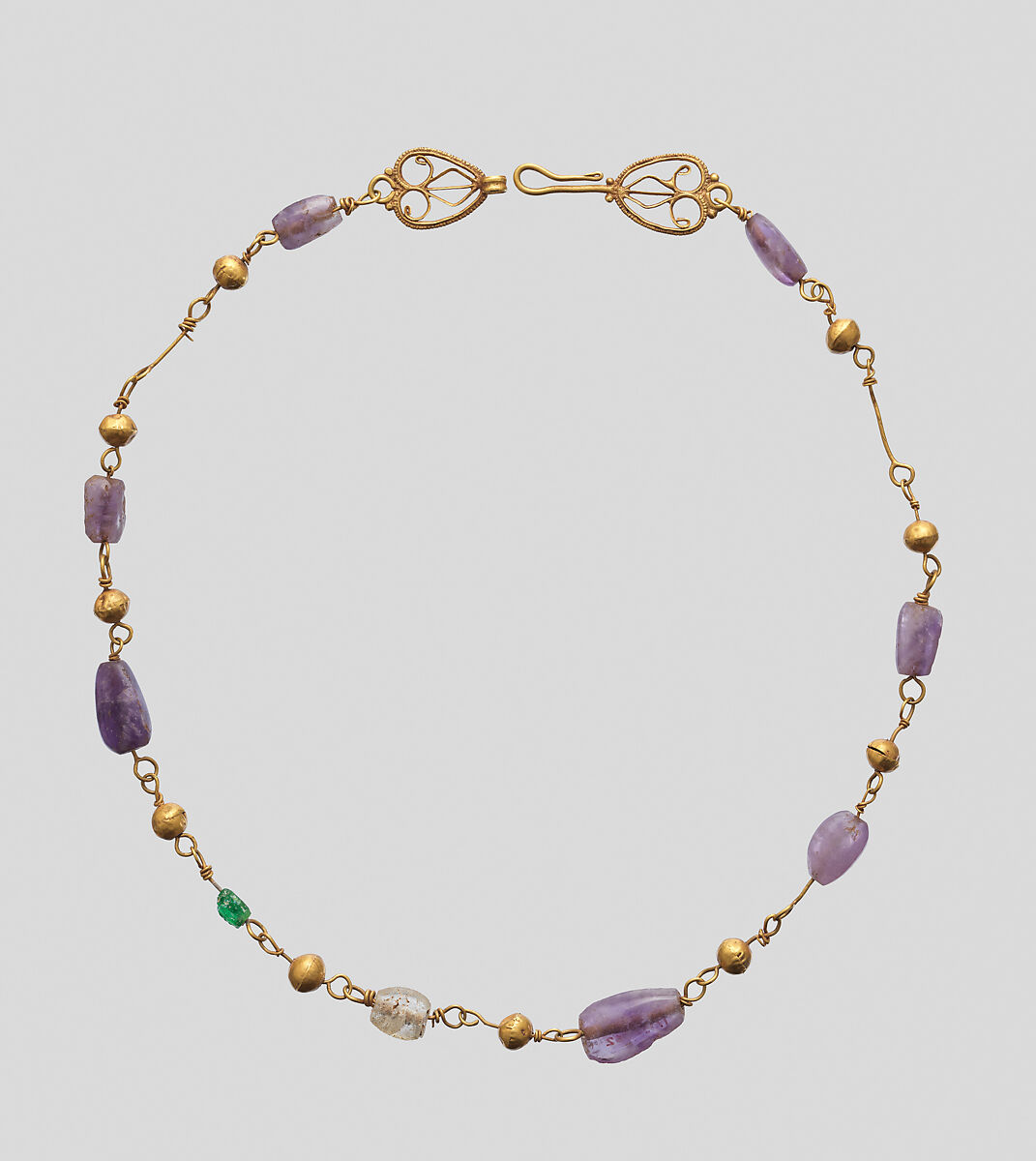 Gold Necklace with Amethysts, Glass, and Gold Beads, Gold, amethyst, (colored glass or rock crystal and emerald) beads, Byzantine