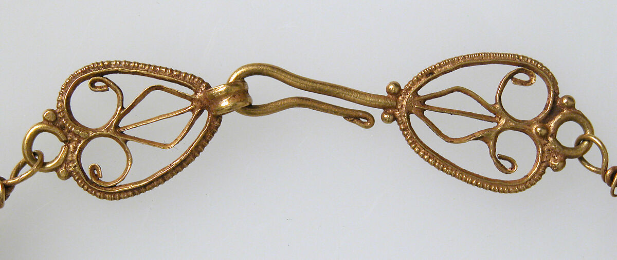 Gold Necklace with Amethysts, Glass, and Gold Beads, Gold, amethyst, (colored glass or rock crystal and emerald) beads, Byzantine