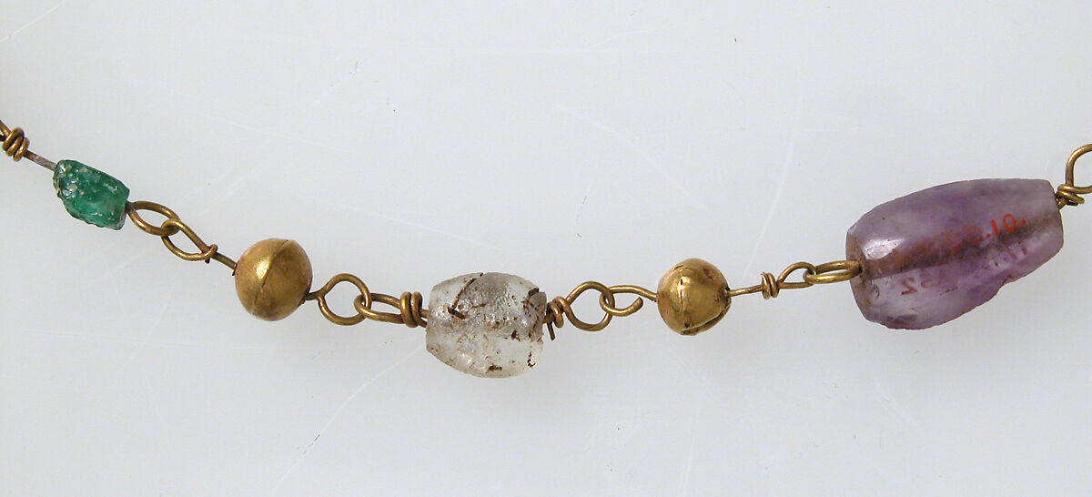 Gold Necklace with Amethysts, Glass, and Gold Beads, Gold, amethyst, (colored glass or rock crystal and emerald) beads, Byzantine