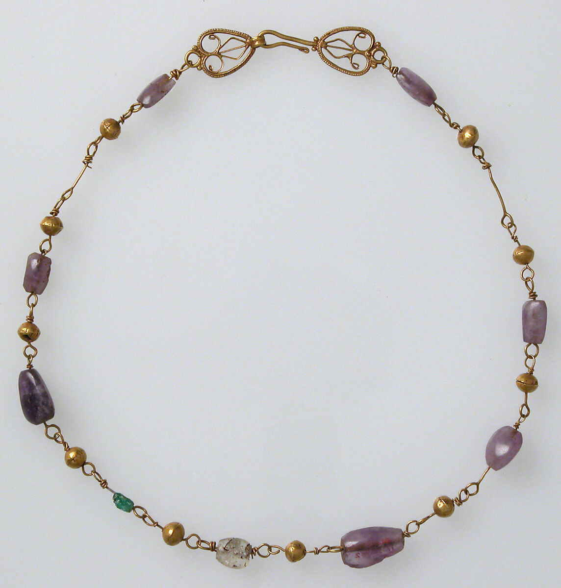 Gold Necklace with Amethysts, Glass, and Gold Beads, Gold, amethyst, (colored glass or rock crystal and emerald) beads, Byzantine