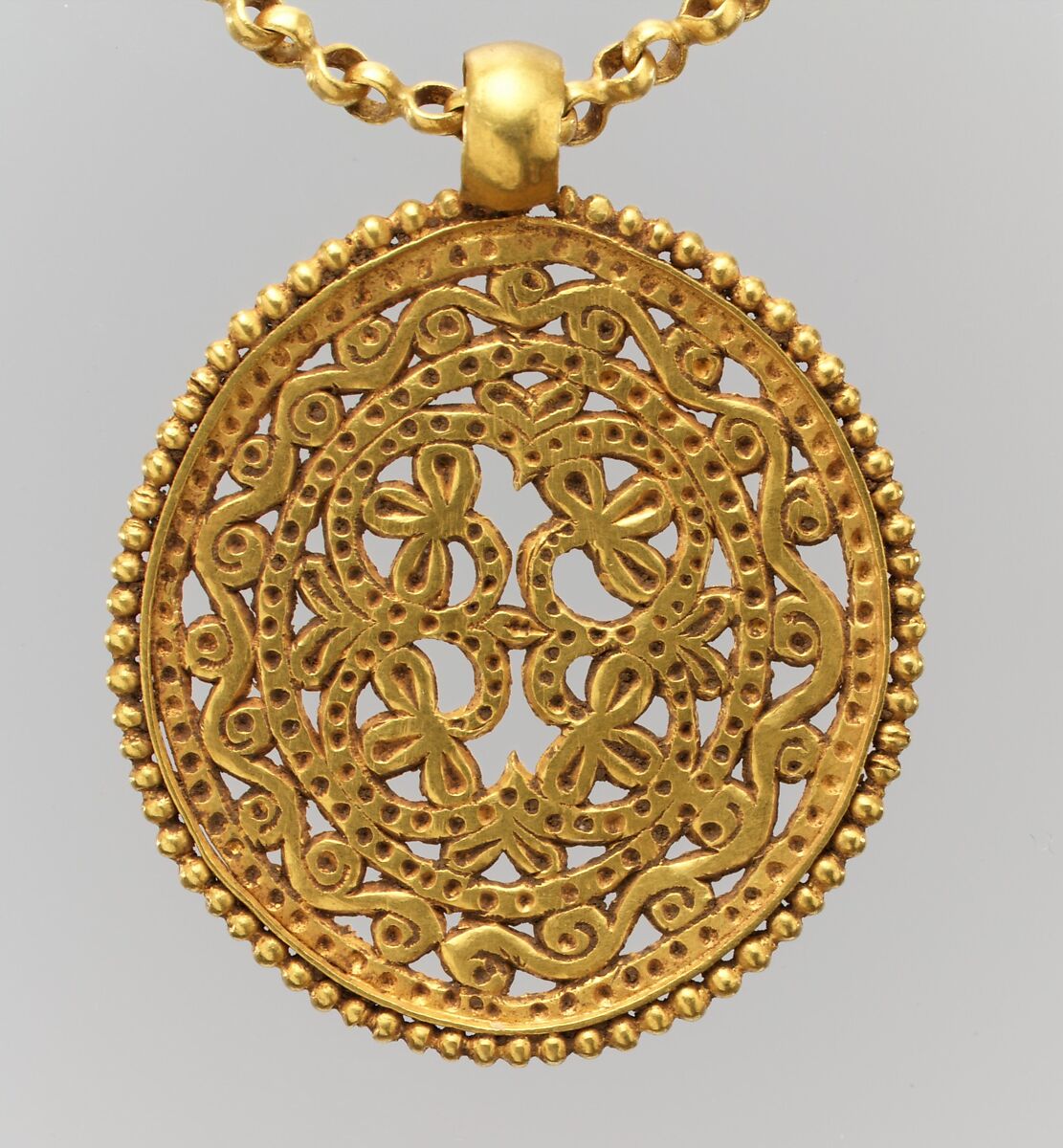 Gold Necklace with Pendants, Pendants: gold - sheet; scribed, engraved, chased, punched; wire - beaded; granulation.  Tubes: gold - sheet; wire - beaded.  Chain: gold - strip (half round)., Byzantine