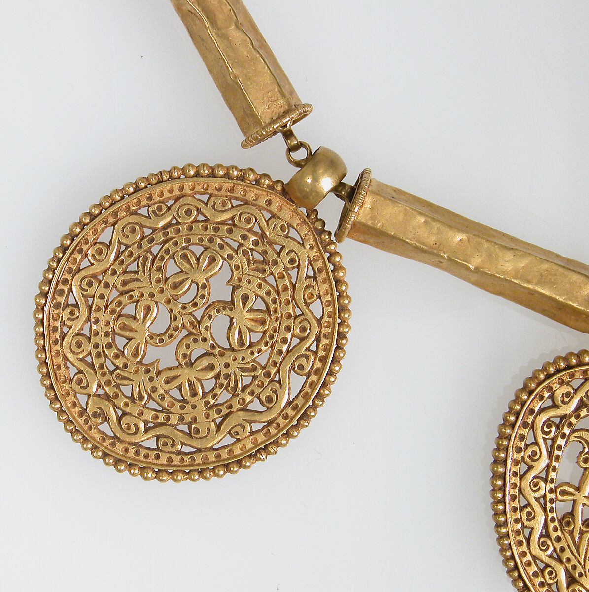 Gold Necklace with Pendants, Pendants: gold - sheet; scribed, engraved, chased, punched; wire - beaded; granulation.  Tubes: gold - sheet; wire - beaded.  Chain: gold - strip (half round)., Byzantine