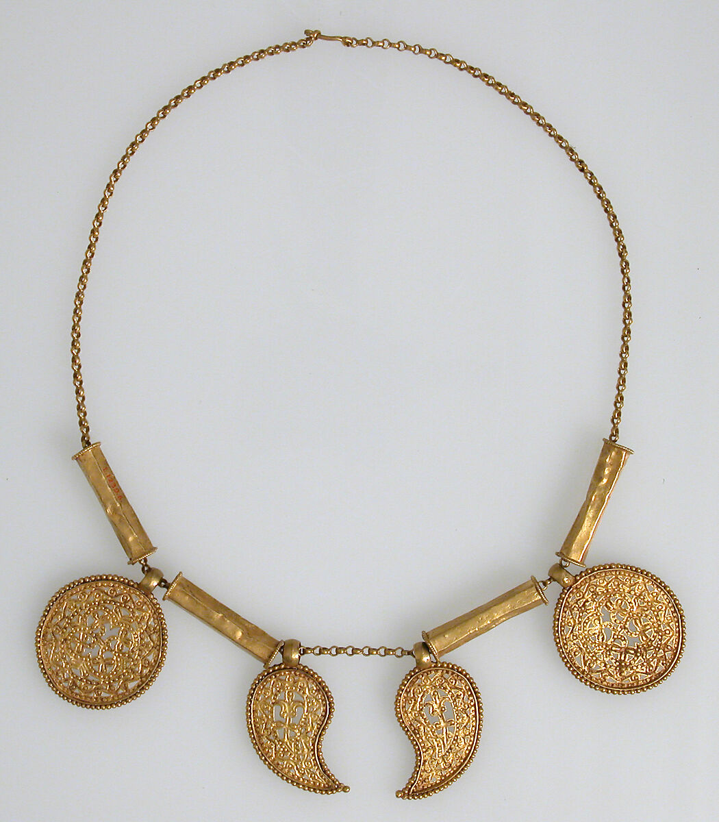Gold Necklace with Pendants, Pendants: gold - sheet; scribed, engraved, chased, punched; wire - beaded; granulation.  Tubes: gold - sheet; wire - beaded.  Chain: gold - strip (half round)., Byzantine