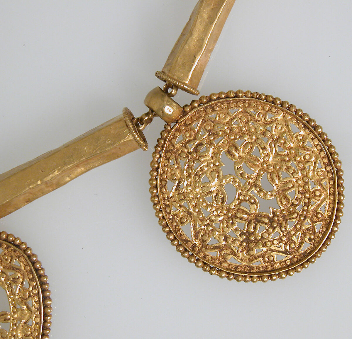 Gold Necklace with Pendants, Pendants: gold - sheet; scribed, engraved, chased, punched; wire - beaded; granulation.  Tubes: gold - sheet; wire - beaded.  Chain: gold - strip (half round)., Byzantine