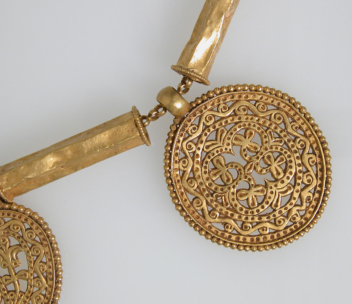 Gold Necklace with Pendants, Pendants: gold - sheet; scribed, engraved, chased, punched; wire - beaded; granulation.  Tubes: gold - sheet; wire - beaded.  Chain: gold - strip (half round)., Byzantine