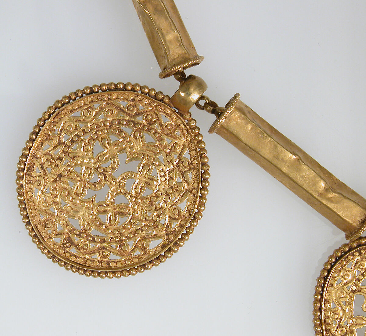 Gold Necklace with Pendants, Pendants: gold - sheet; scribed, engraved, chased, punched; wire - beaded; granulation.  Tubes: gold - sheet; wire - beaded.  Chain: gold - strip (half round)., Byzantine