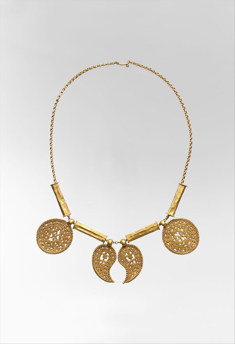 Gold Necklace with Pendants, Pendants: gold - sheet; scribed, engraved, chased, punched; wire - beaded; granulation.  Tubes: gold - sheet; wire - beaded.  Chain: gold - strip (half round)., Byzantine 